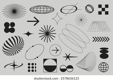 Abstract geometric shapes in black on a gray background. Circles, arrows, stars, and lines create a dynamic pattern. Geometric, abstract, and modern design. Cool geometric shapes, set. Vectors.