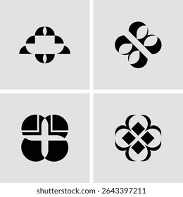 Abstract geometric shapes in a black and white minimalist design with four distinct styles
