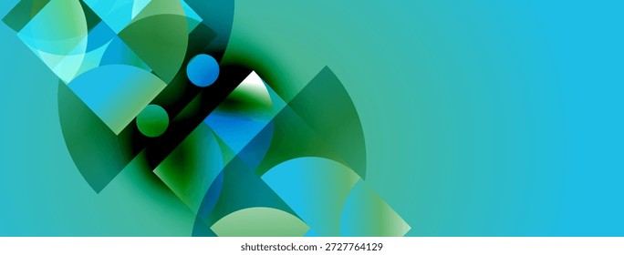 Abstract geometric shapes blend blues, greens, yellows. Dynamic composition evokes movement, energy, modern design aesthetic.