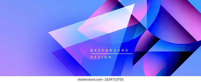 Abstract geometric shapes blend, creating vibrant blue, purple gradients. Modern design evokes energy, depth, visual interest.