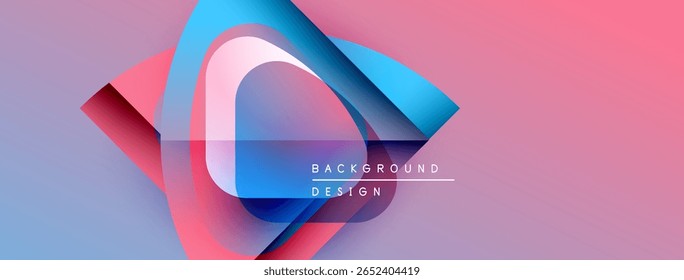 Abstract geometric shapes blend, creating vibrant pink, blue gradients. Text reads background design. Modern visual composition.