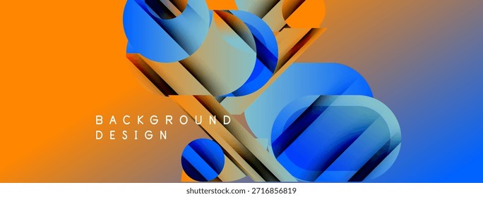 Abstrakte geometrische Formen vermischen Orange und Blau. Dynamische Komposition schafft modernes Hintergrunddesign. Glatte Farbverläufe sorgen für Tiefe und visuelles Interesse.