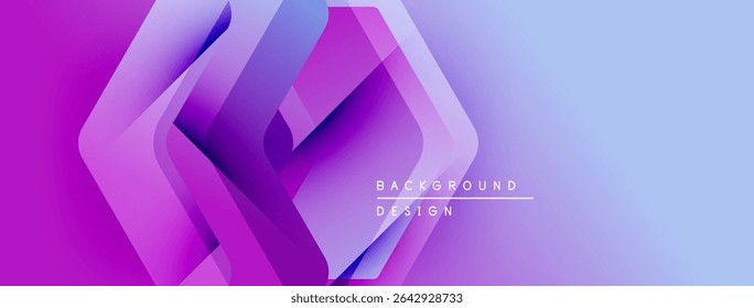 Abstract geometric shapes blend purple, pink, blue hues. Modern design suggests technology, innovation, dynamic movement. Background features text elements.
