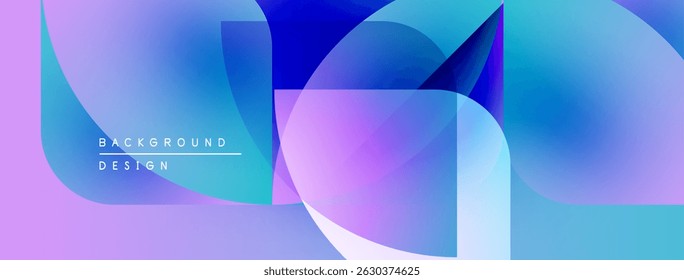 Abstract geometric shapes blend vibrant purple, blue hues. Modern design evokes fluidity, dynamism, visual interest.