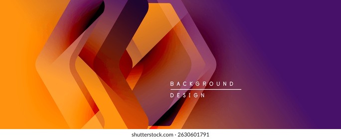 Abstract geometric shapes blend vibrant orange, purple hues. Modern design suggests dynamic flow, layered textures. Background features text elements.