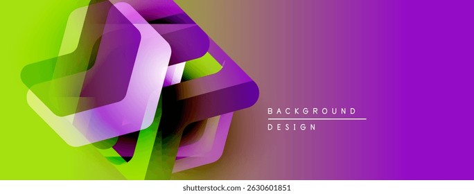 Abstract geometric shapes blend vibrant green, purple hues. Modern design suggests dynamic flow, visual energy. Background features text elements.