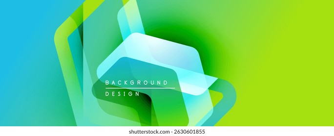 Abstract geometric shapes blend vibrant blue, green hues. Modern design features layered transparency, text elements. Minimalist composition creates dynamic visual impact.