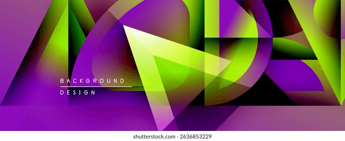 Abstract geometric shapes blend vibrant purple, green hues. Dynamic composition creates modern background design. Smooth gradients offer visual interest.