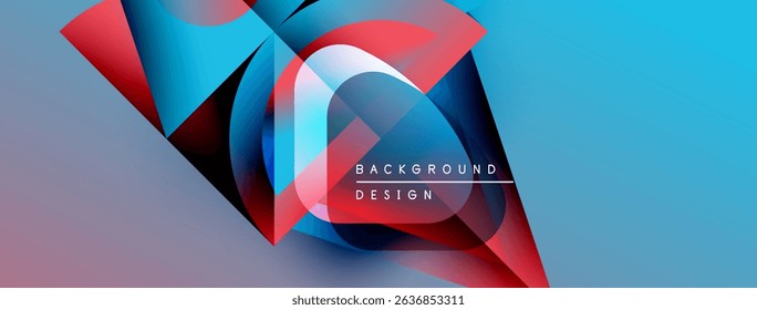 Abstract geometric shapes blend vibrant blues, reds, purples. Modern design features dynamic curves, gradients, text overlay.