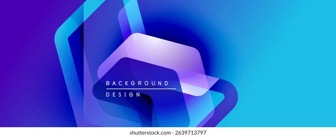 Abstract geometric shapes blend vibrant blues, purples. Modern design evokes energy, depth, visual interest. Background features layered forms.