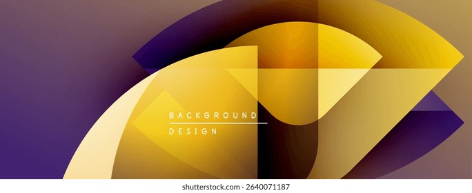 Abstract geometric shapes blend vibrant purple, gold hues. Modern design features dynamic curves, gradients. Text reads background design.