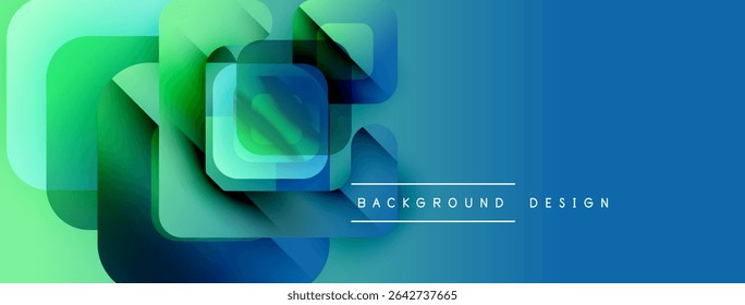 Abstract geometric shapes blend vibrant green, blue hues. Modern design creates dynamic visual impact. Background features layered transparency.