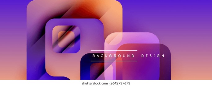 Abstract geometric shapes blend vibrant purple, orange hues. Modern design evokes fluidity, depth. Text reads background design.