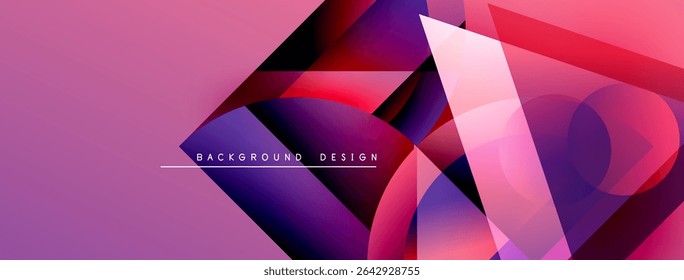 Abstract geometric shapes blend vibrant pinks, purples, blues. Modern design features overlapping layers, gradients, dynamic composition.