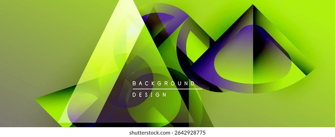 Abstract geometric shapes blend vibrant green, purple hues. Dynamic composition creates modern background design. Smooth gradients offer visual interest.