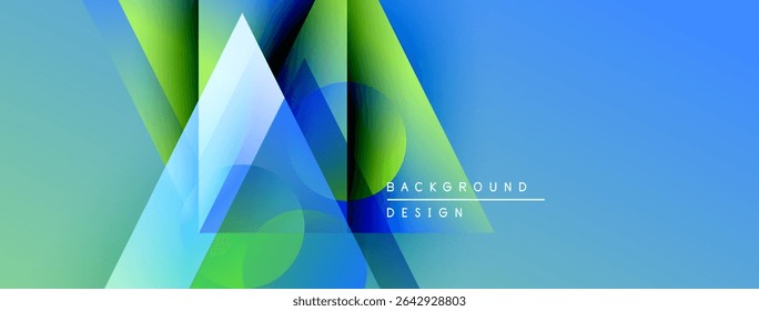 Las Formas geométricas Abstractas mezclan azules vibrantes, verdes y amarillos. El diseño moderno sugiere innovación, tecnología, energía dinámica. Fondo presenta Elementos de texto.