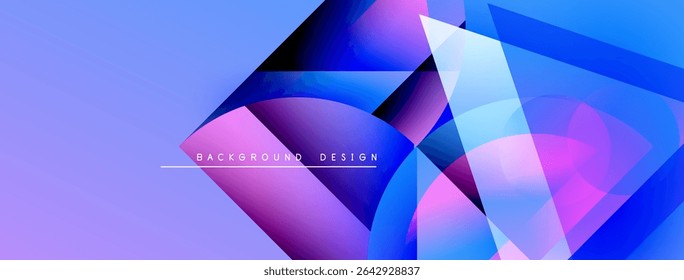 Abstract geometric shapes blend vibrant purple, blue hues. Modern design features overlapping layers, creating dynamic visual effect.