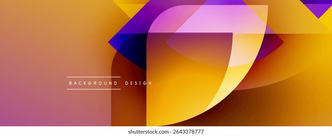 Abstract geometric shapes blend vibrant orange, purple hues. Modern design suggests dynamic flow, energy, creativity. Background features text elements.