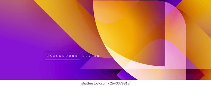 Abstract geometric shapes blend vibrant purple, orange hues. Modern design creates dynamic visual experience. Background features subtle texture.