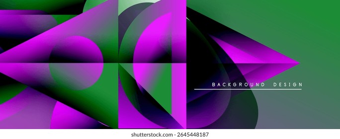 Abstract geometric shapes blend vibrant purple, green hues. Modern design features flowing lines, gradients, black background.