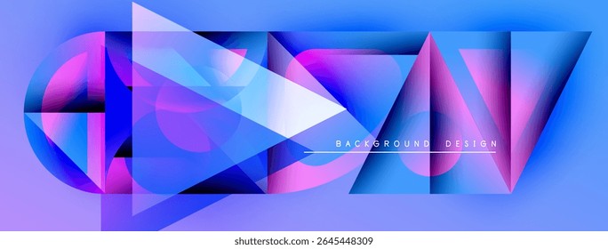 Abstract geometric shapes blend vibrant purple, blue hues. Modern design features overlapping triangles, circles, gradients. Text reads background design.