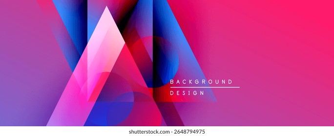 Abstract geometric shapes blend vibrant pinks, blues, purples. Modern design creates dynamic visual experience. Background text reads background design.