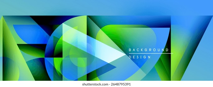Abstract geometric shapes blend vibrant blues, greens. Gradient colors create dynamic visual effect. Modern design element for backgrounds.