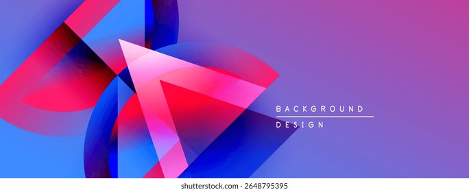 Formas geométricas abstratas mesclam cores vibrantes. Fundo roxo complementa gradientes azul, rosa. Elemento de design moderno para projetos digitais.