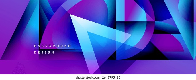 Formas geométricas abstratas misturam tons roxos e azuis vibrantes. A composição dinâmica cria um design de fundo moderno. Gradientes suaves oferecem profundidade visual.