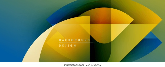 Formas geométricas abstratas mesclam cores vibrantes. Design moderno apresenta gradientes suaves, criando impacto visual dinâmico. Antecedentes sugerem inovação, energia.