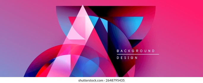 Abstract geometric shapes blend vibrant pinks, blues, purples. Dynamic composition creates modern background design. Smooth gradients enhance visual appeal.