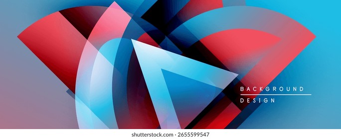 Formas geométricas abstratas misturam azuis vibrantes, vermelhos, roxos. Design moderno evoca energia dinâmica, interesse visual. O texto do plano de fundo lê o design do plano de fundo.