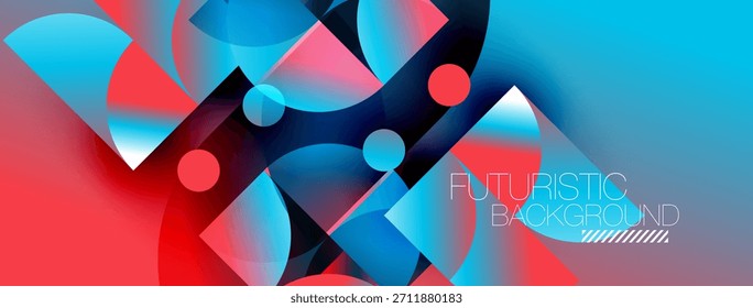 Formas geométricas abstratas misturam tons azuis e vermelhos vibrantes. Design moderno sugere tecnologia, inovação, energia dinâmica.