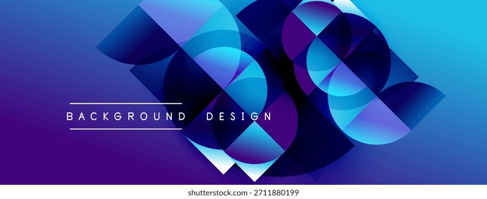 Las Formas geométricas Abstractas mezclan azules vibrantes, morados. El diseño moderno evoca energía dinámica, interés visual. El texto de fondo lee el diseño de fondo.