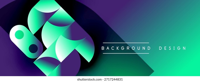 Formas geométricas abstratas misturam tons vibrantes de azul-turquesa e roxo. O design moderno apresenta transições de gradiente, elementos de texto.