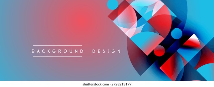 Formas geométricas abstratas mesclam cores vibrantes. O plano de fundo do gradiente cria um efeito visual dinâmico. Elementos de design modernos apresentam composição elegante.