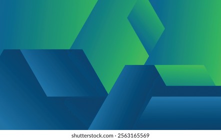 Abstract geometric shapes, blue and green gradient background, 3D render, minimalist design