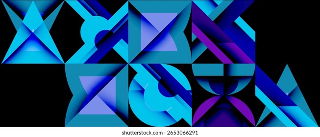 Abstract geometric shapes, blue hues, gradients create dynamic composition. Modern design, digital art, sleek aesthetic.