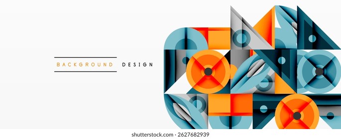 Abstract geometric shapes, blue, orange, gray tones. Modern design elements create dynamic composition. Minimalist style, clean lines.