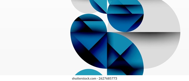 Abstract geometric shapes, blue tones dominate. Overlapping circles create dynamic visual effect. Minimalist design, modern aesthetic.