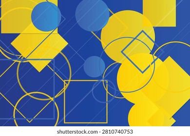 Abstract geometric shapes with blue and yellow overlapping circles, squares, and arcs