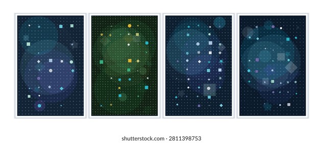 Abstract geometric shapes and bokeh lights on a dark purple textured background with small white dots and circles.