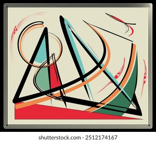 Abstract geometric shapes with bold black lines, red and green accents intertwine against a beige background. Curved and straight lines create a dynamic composition with a sense of movement.