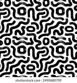 Formas geométricas Abstractas y un patrón sin fisuras de líneas curvas dibujadas con pincel audaz. Abstractas Fondo de pantalla laberinto con pinceladas de grunge. Dibujado a mano Vector irregular laberinto patrón sin costuras.