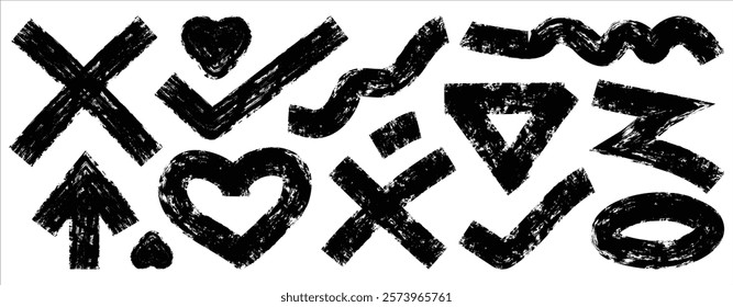 Abstract geometric shapes and bold lines, collage elements. Bold brush drawn geometric figures and objects ornament. Grunge style curved brush strokes.	