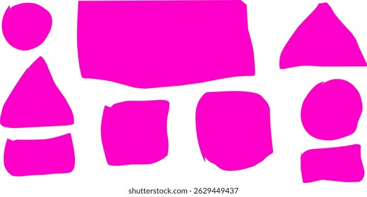 Abstrakte geometrische Formen in kräftigem Rosa auf sauberem, weißem Hintergrund. Kreative Sammlung unregelmäßiger Formen, einschließlich Kreise, Quadrate und Dreiecke, ideal für modernes Design, Kunst