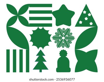 Abstract geometric shapes. Brutal modern figure, star, tree, hat, snowflake and other primitive elements. Swiss design aesthetics. New Year and Christmas design. Vector illustration