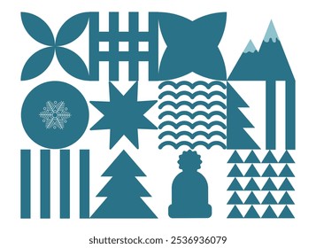 Abstract geometric shapes. Brutal modern figure, star, tree, hat, snowflake and other primitive elements. Swiss design aesthetics. New Year and Christmas design. Vector illustration