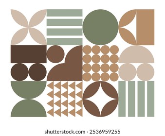 Abstract geometric shapes. Brutal modern figure, circles, rectangles, petals, semicircles and other primitive elements. Swiss design aesthetics. Autumn shades of color. Vector illustration