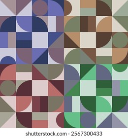 Abstract geometric shapes. Brutal modern shapes, circles, rectangles, semicircles and other primitive elements. Swiss design aesthetics. Seasonal color shades. Vector illustration